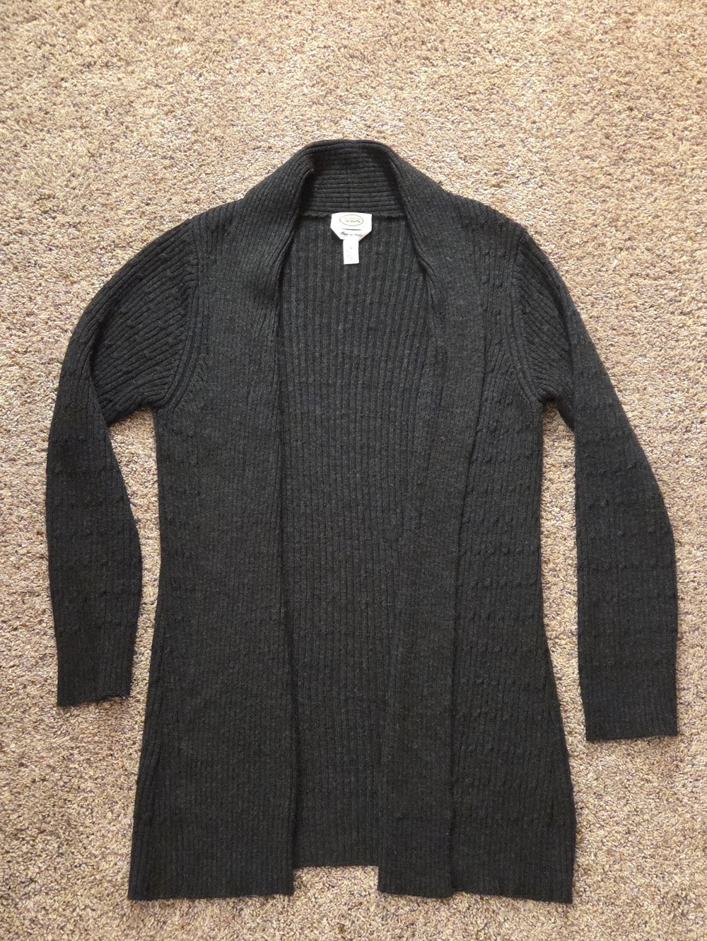 Talbots 100% Merino Wool Open-Front Long Cardigan Charcoal Grey Women's Medium